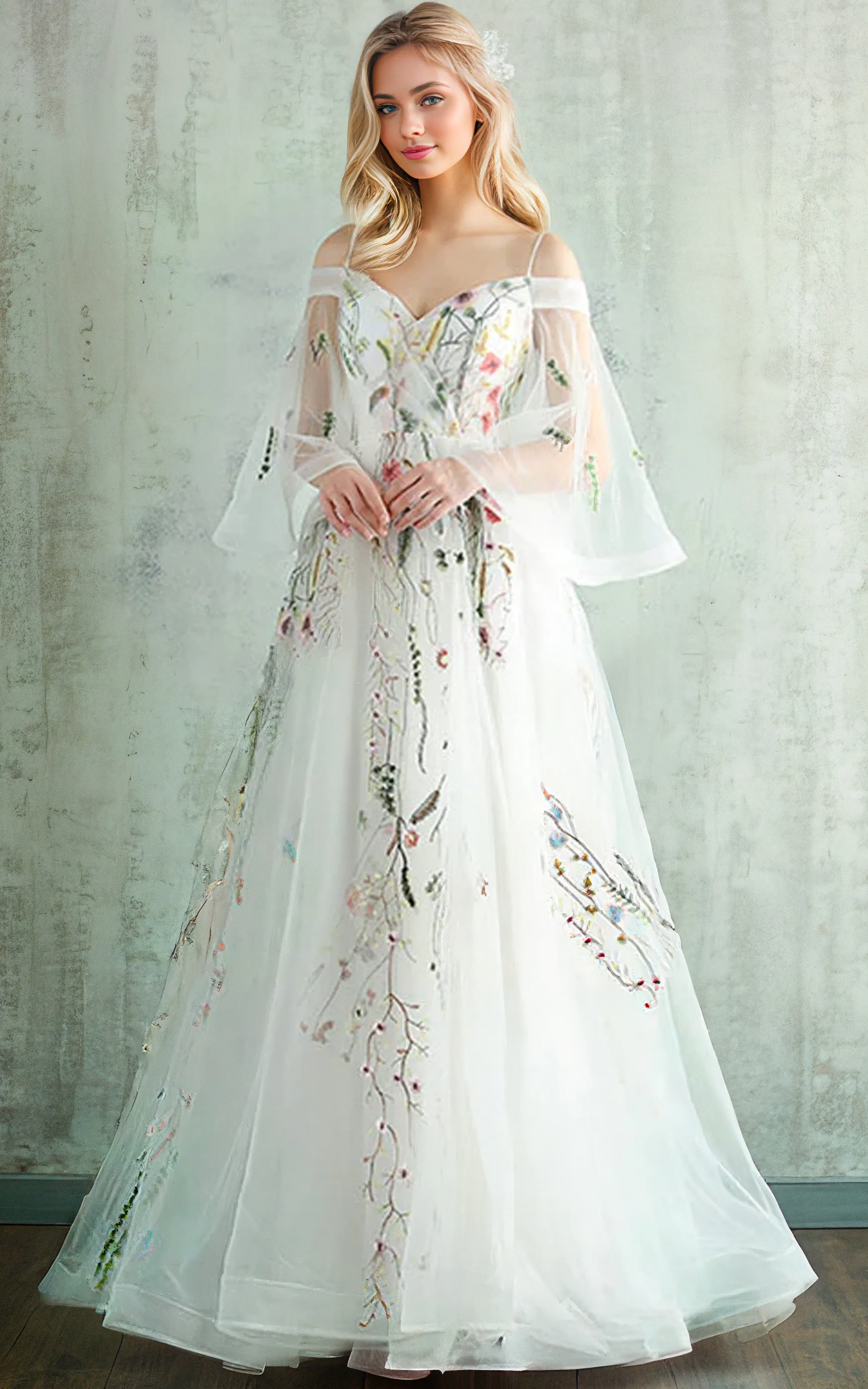 Floral Bell Sleeves A-Line Boho Lace Ballgown Wedding Dress Ethereal Princess Off-the-Shoulder Party Evening Gown