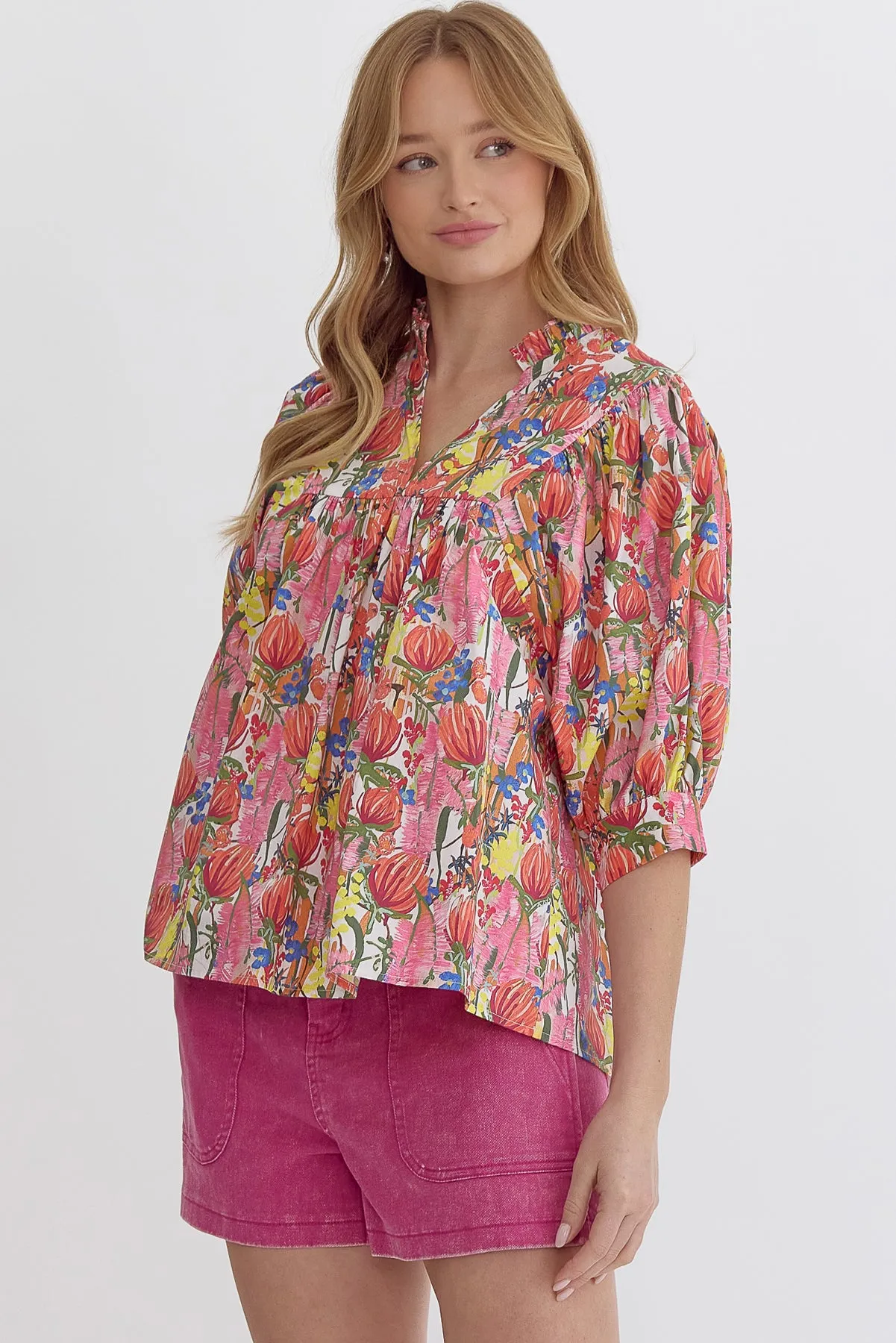 Floral Bubble Sleeve Blouse