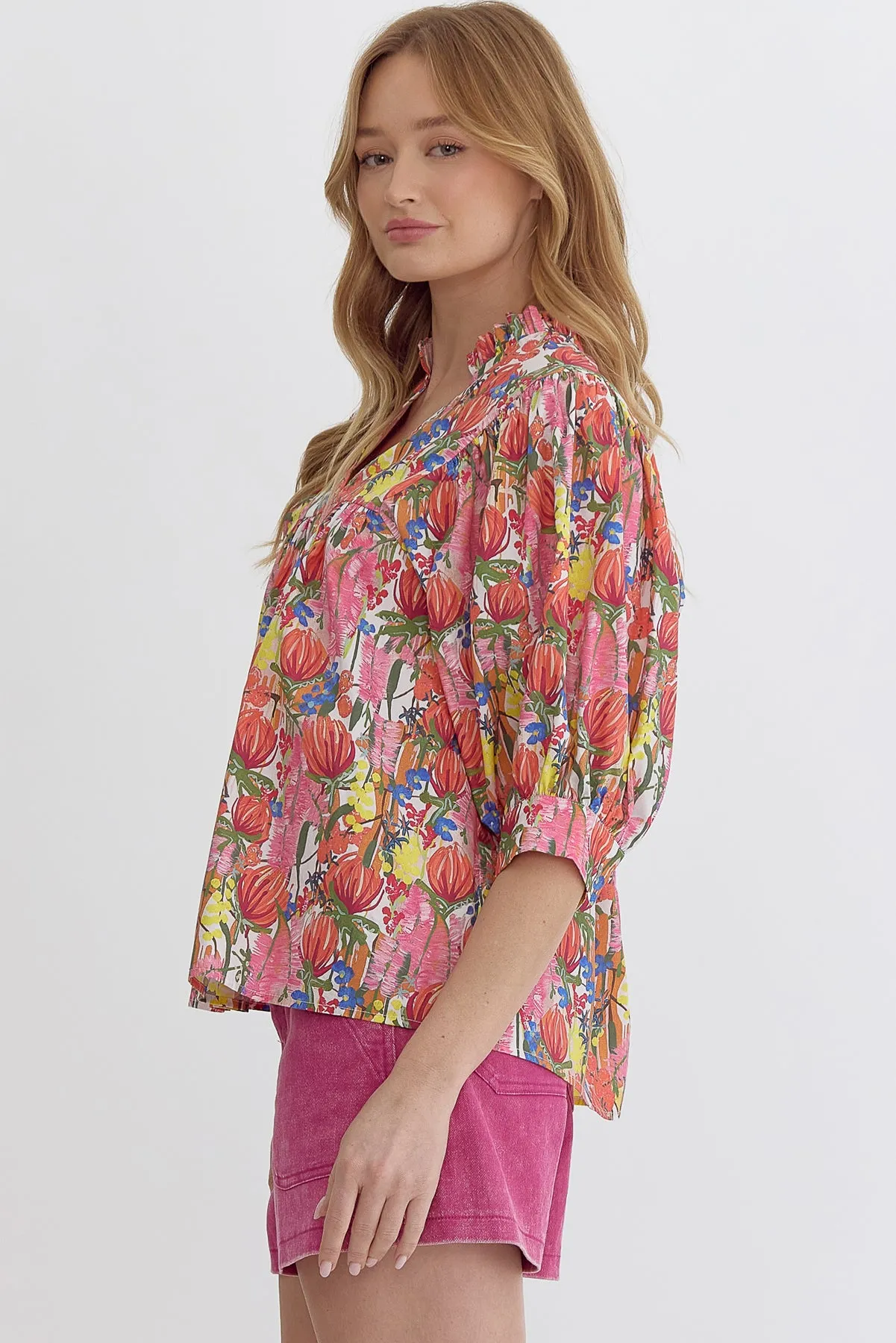 Floral Bubble Sleeve Blouse