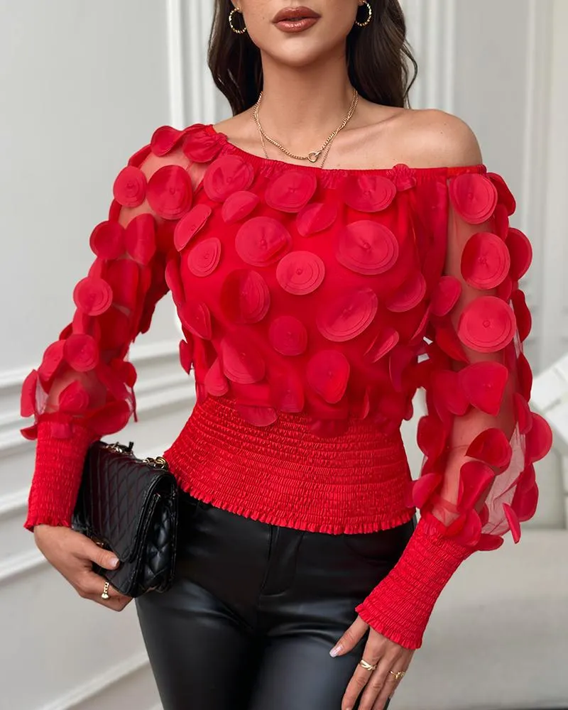 Floral Pattern Shirred Sheer Mesh Patch Top
