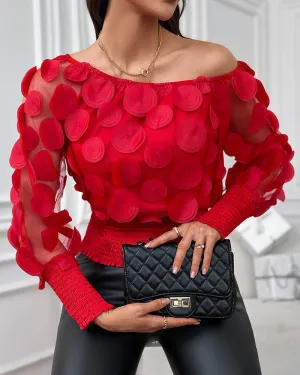 Floral Pattern Shirred Sheer Mesh Patch Top