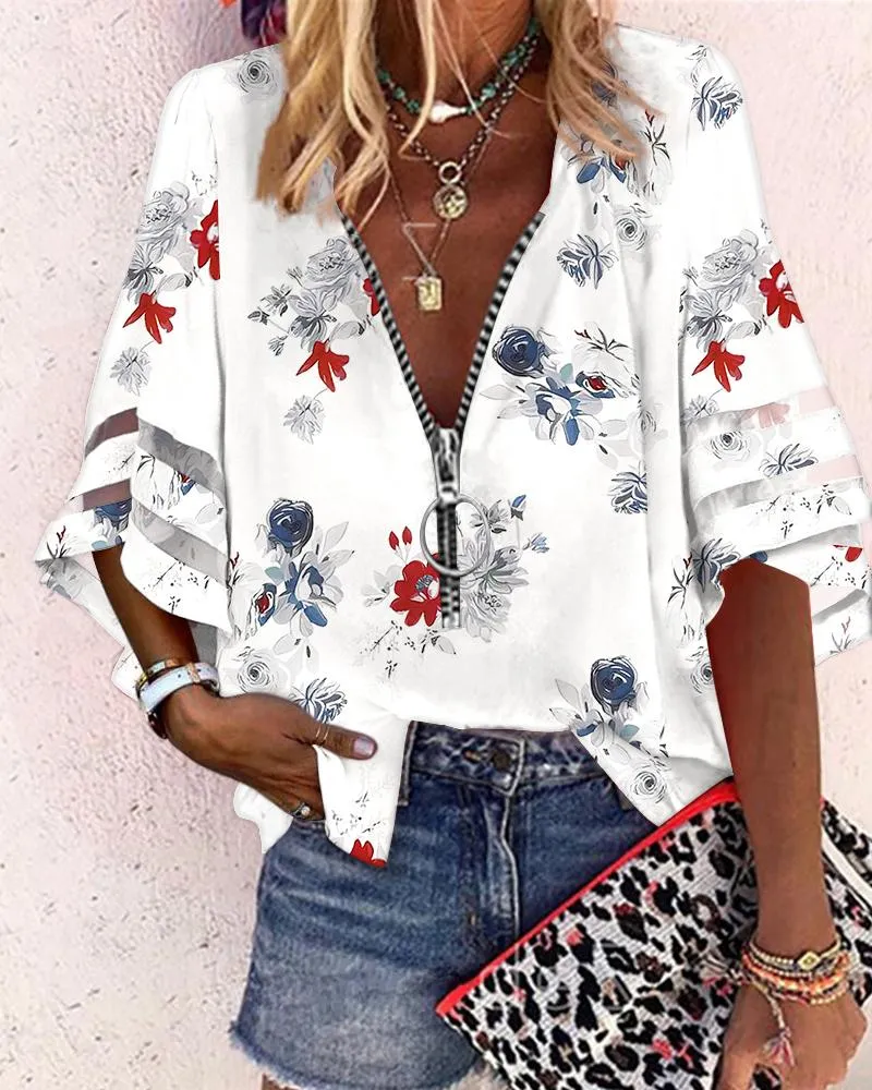 Floral Print Zip Front Bell Sleeve Top