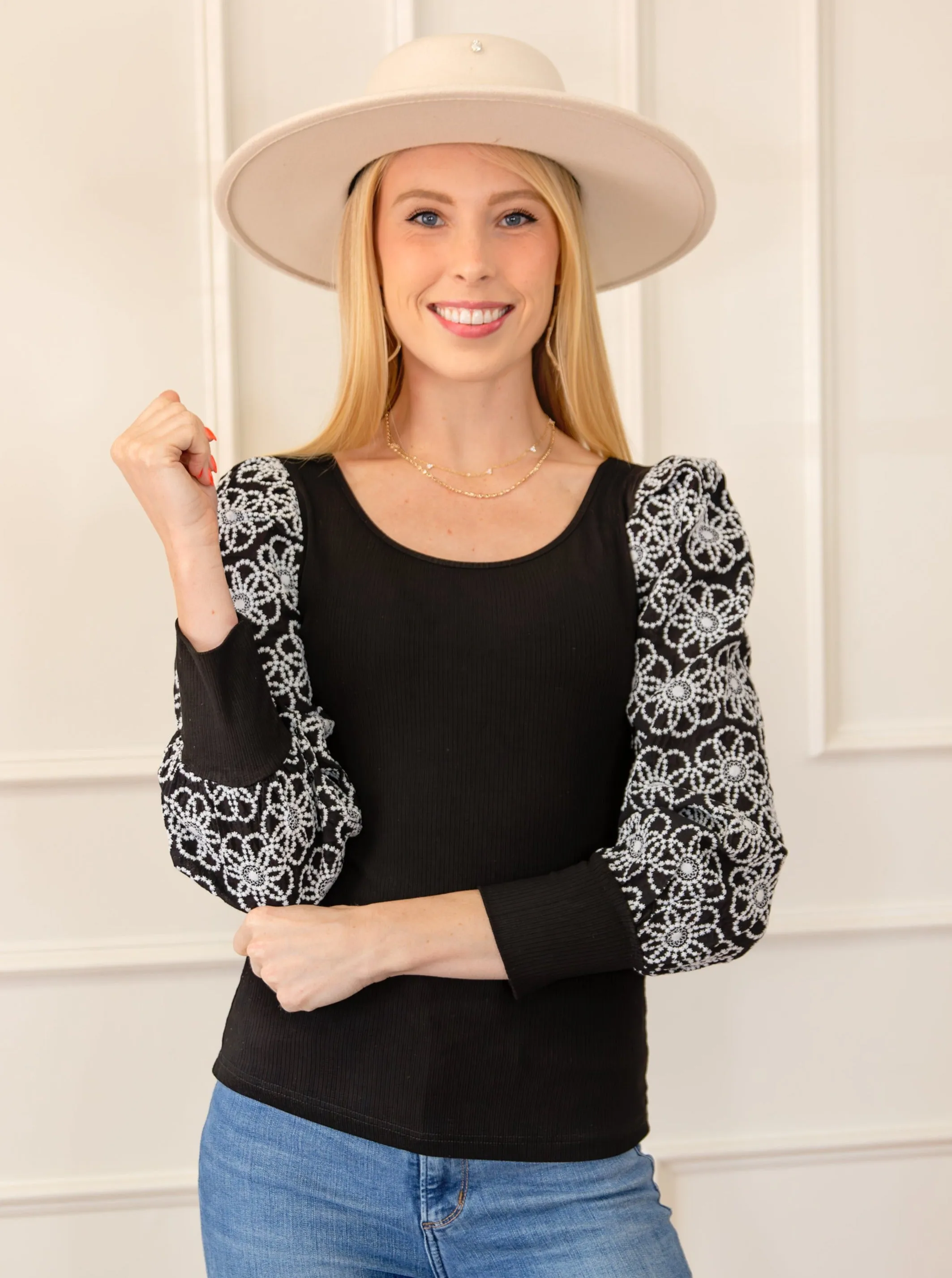 Flower Puff Sleeve Ribbed Knit Top