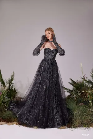 Formal gown with gloves | Black and silver evening gowns | KatrinFAVOR