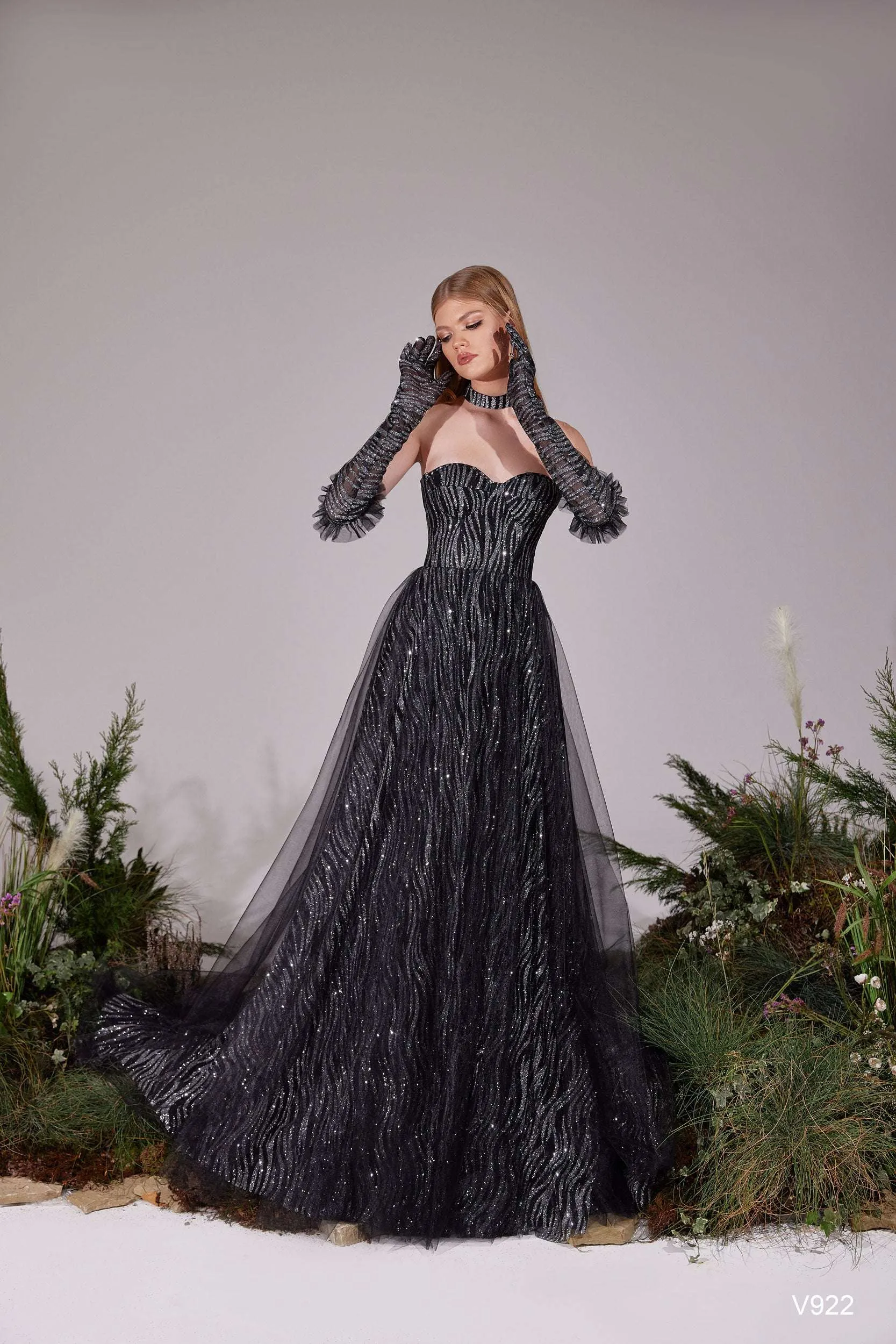 Formal gown with gloves | Black and silver evening gowns | KatrinFAVOR