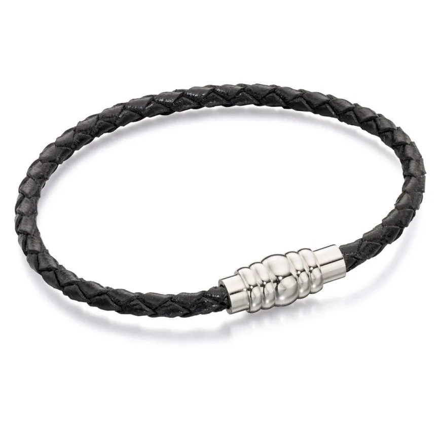 Fred Bennett Skinny Black Leather Bracelet With Magnetic Stainless Steel Clasp