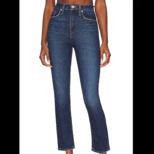 Free People high waisted dark wash straight leg jeans frayed / distressed bottom