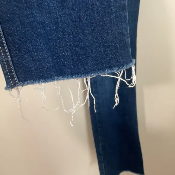 Free People high waisted dark wash straight leg jeans frayed / distressed bottom