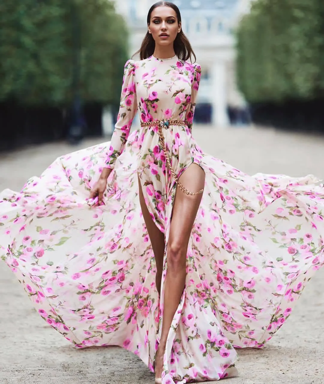 Front Split Floral Print Long Maxi Dresses