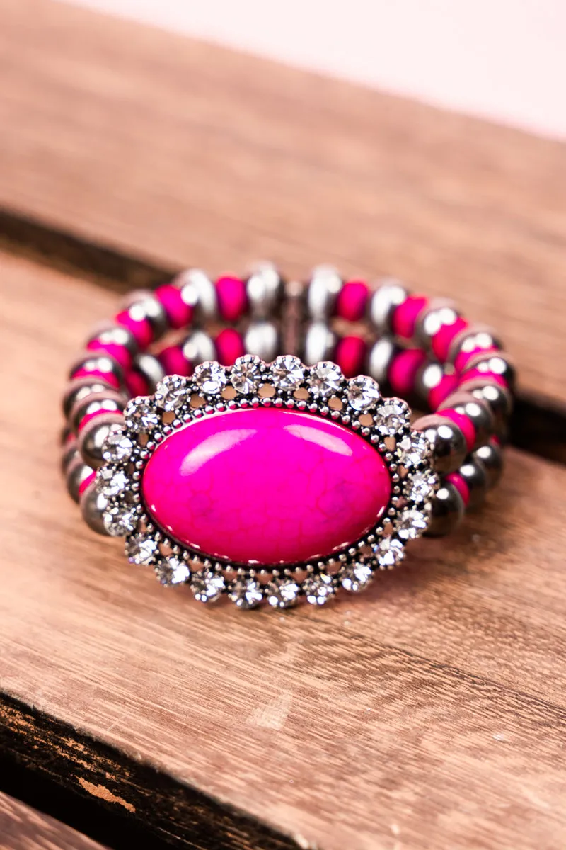 Fuchsia Berkeley Silvertone Beaded Bracelet Set