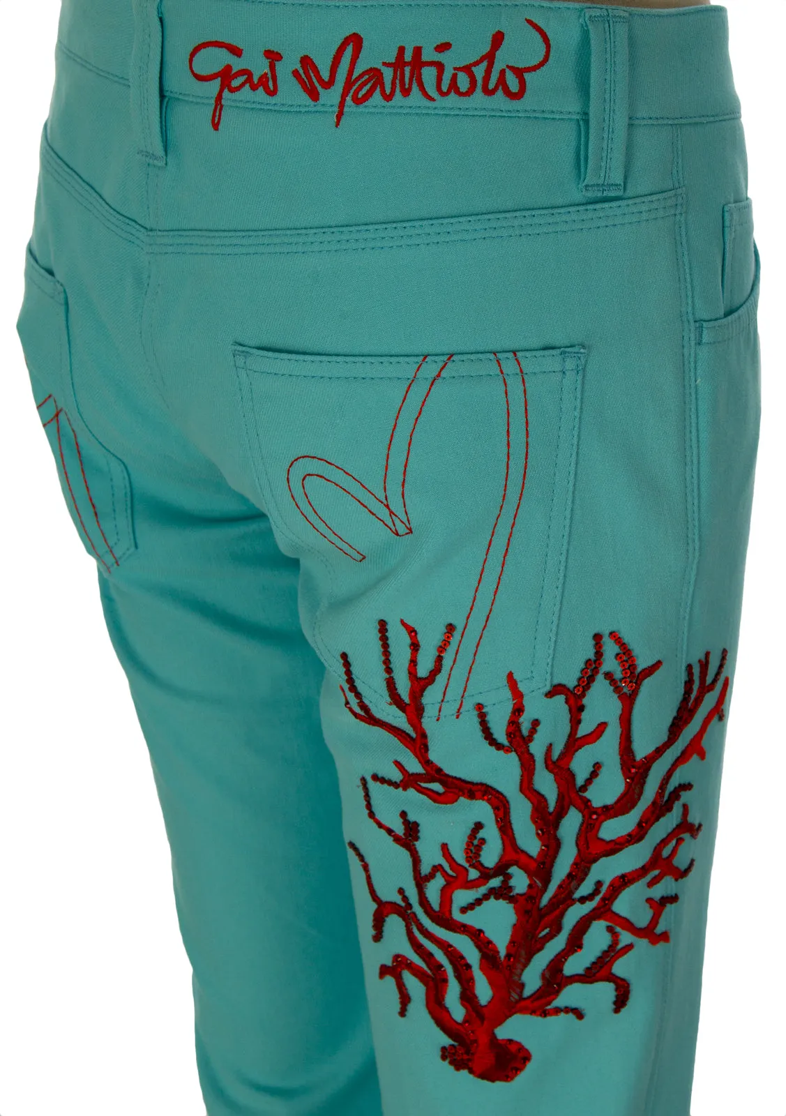 GAI MATTIOLO Women's Aqua Tree Embellished Straight Low Rise Jeans Sz 42 NWT
