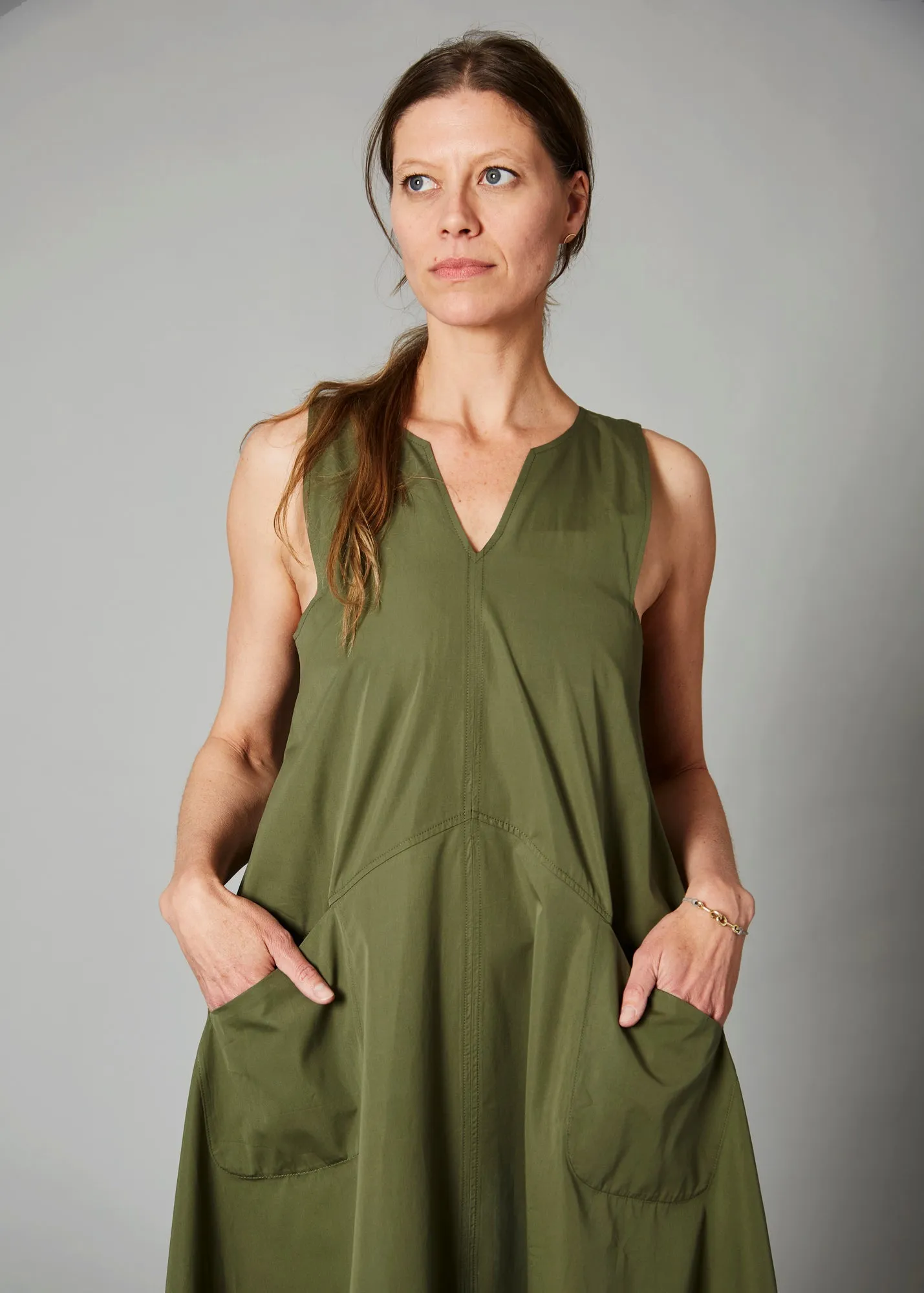 Garment Dyed Long Dress with Contrast Hem, Rocky Moss