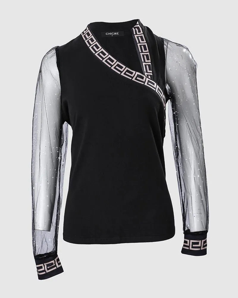 Geo Tape Patch Glitter Sheer Mesh Long Sleeve Top