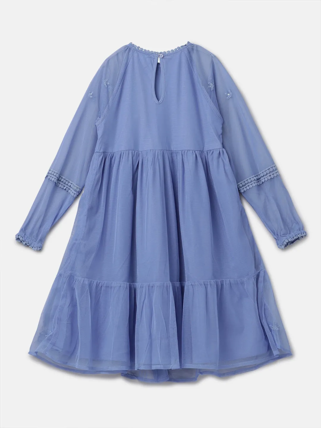Girls Floral Embroidered Blue Boho Premium Dress