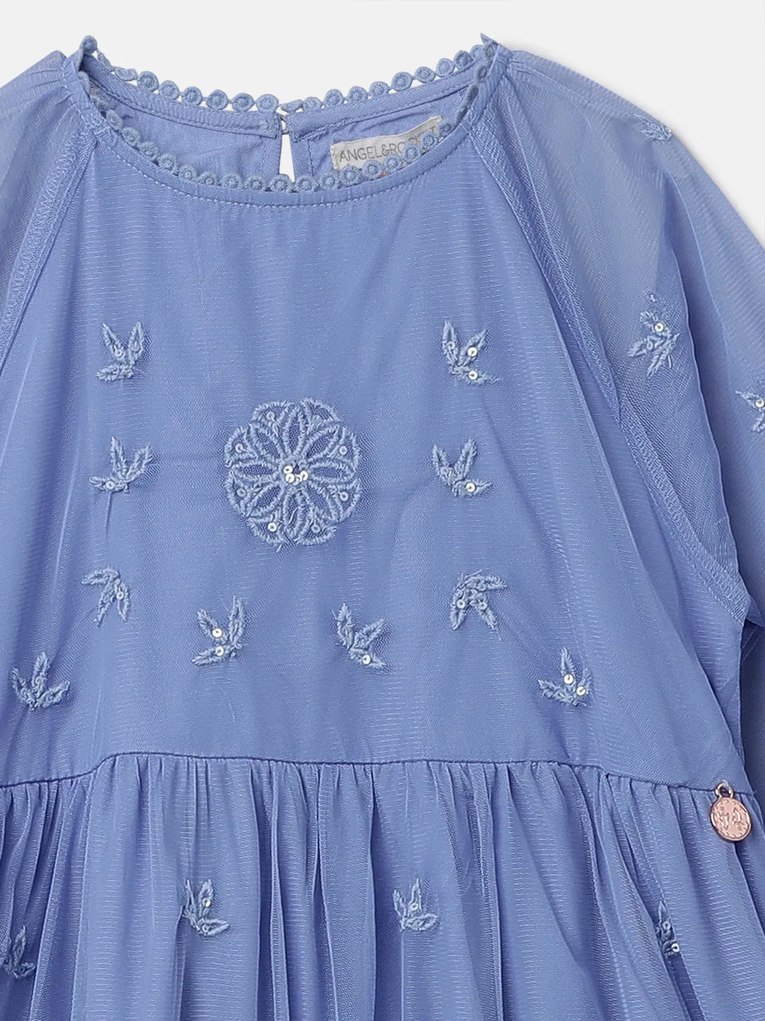 Girls Floral Embroidered Blue Boho Premium Dress