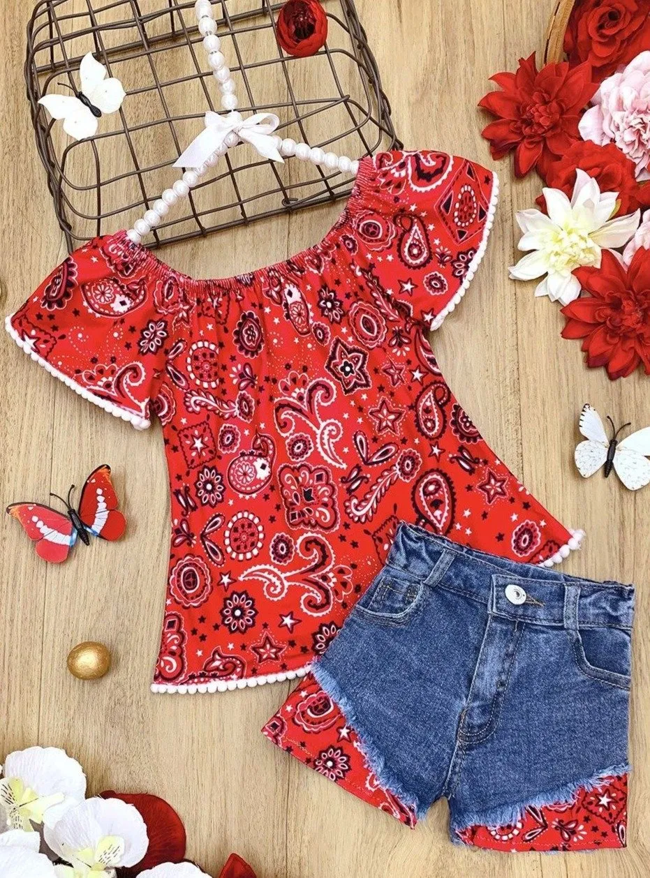 Girls Rustic Cutie Paisley Top and Patched Denim Shorts Set
