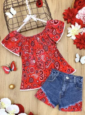 Girls Rustic Cutie Paisley Top and Patched Denim Shorts Set