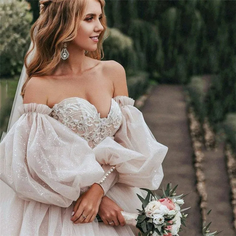 Glitter Sparky Lace Wedding Gowns Beach Sweetheart