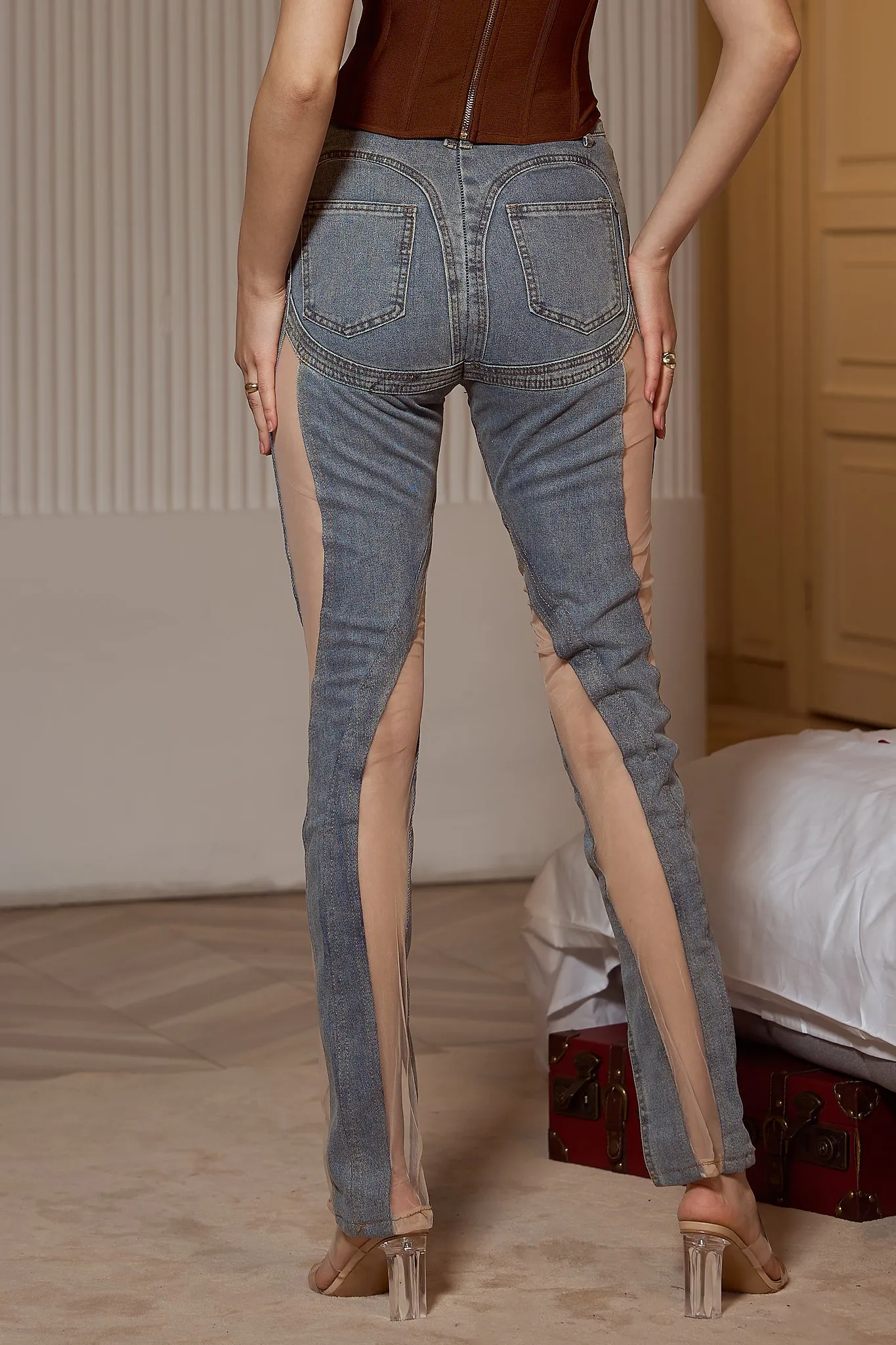 Goffney High-waisted Mesh Panel Denim Jeans