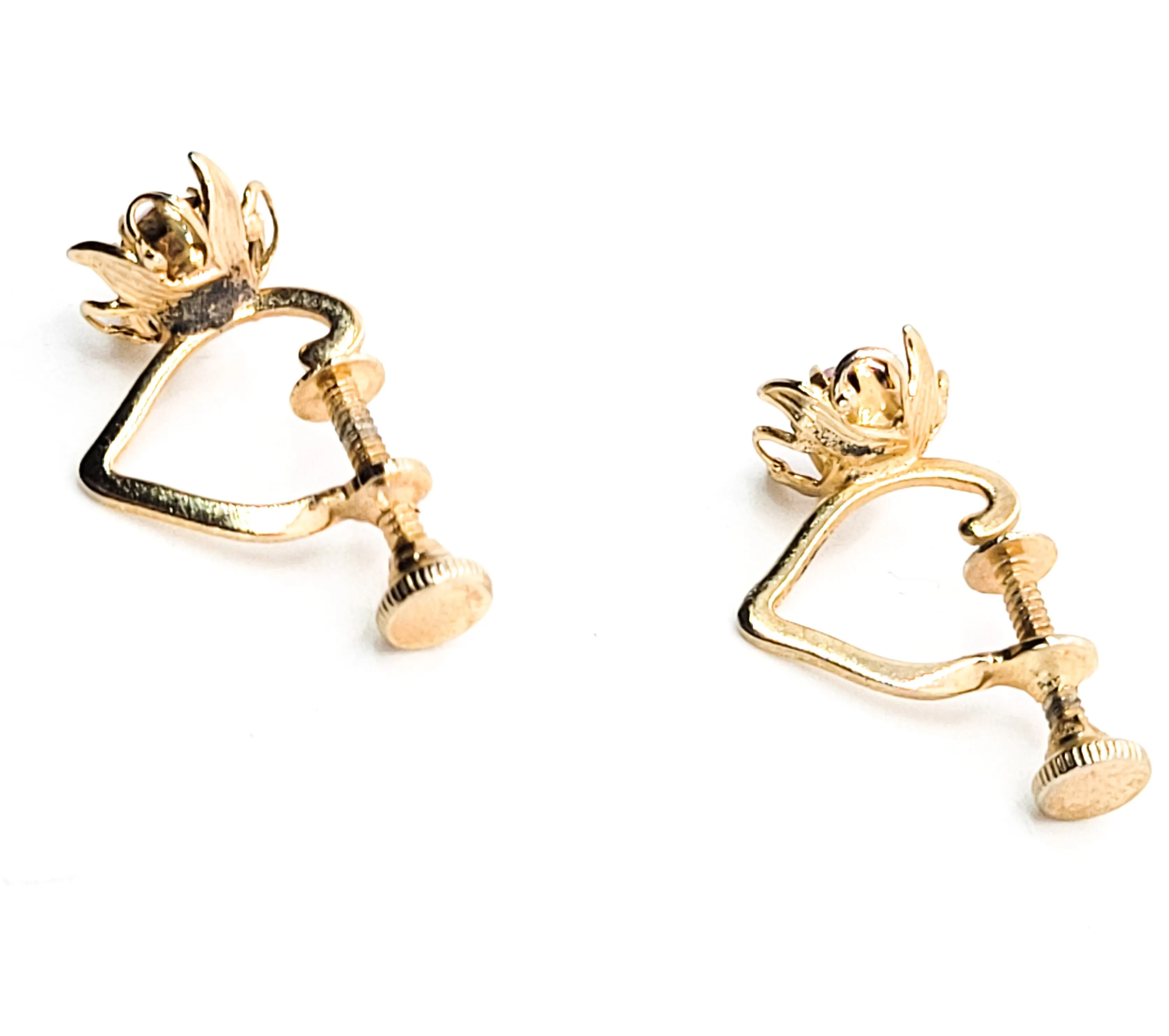 Gold heart hoop earrings with pink rhinestone flower vintage screw back