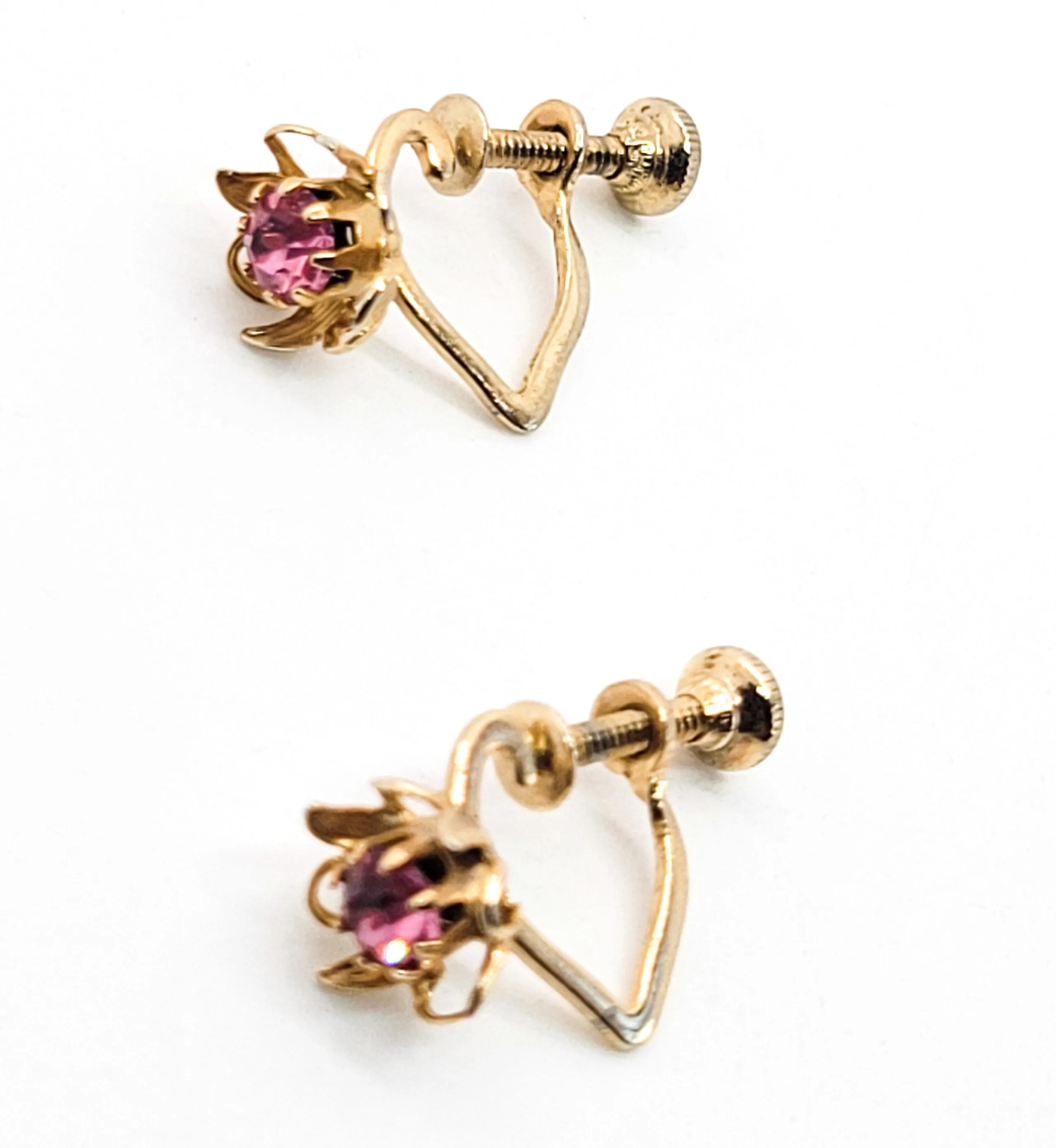 Gold heart hoop earrings with pink rhinestone flower vintage screw back
