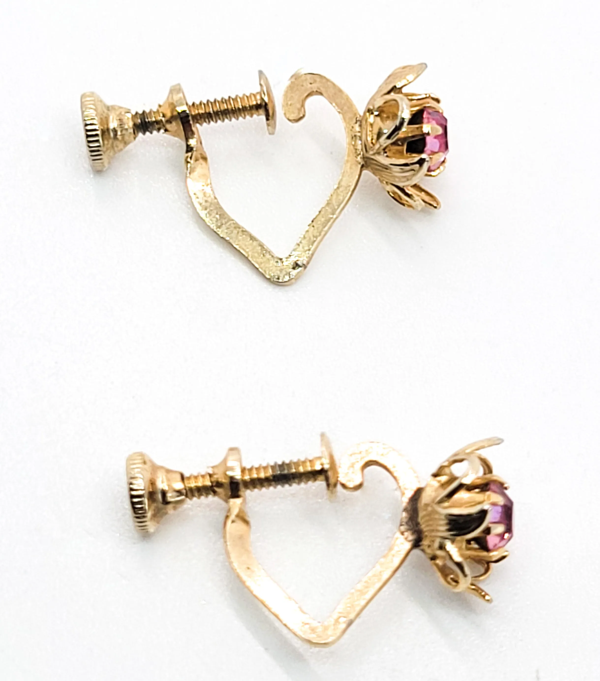 Gold heart hoop earrings with pink rhinestone flower vintage screw back