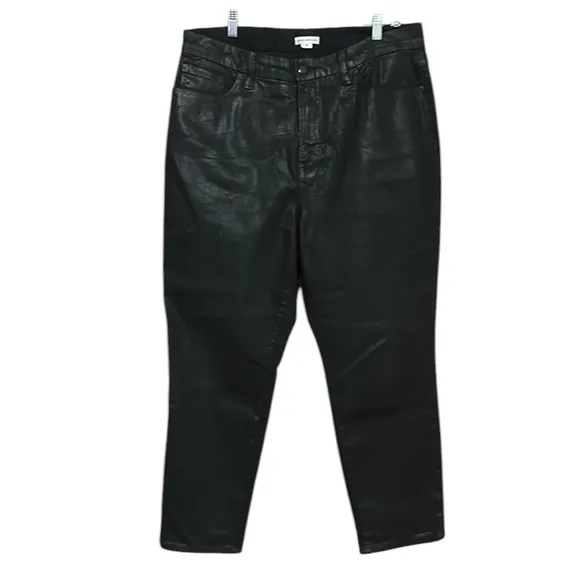 Good American Wax Coated Black Straight Leg Jeans High Waisted Size 16