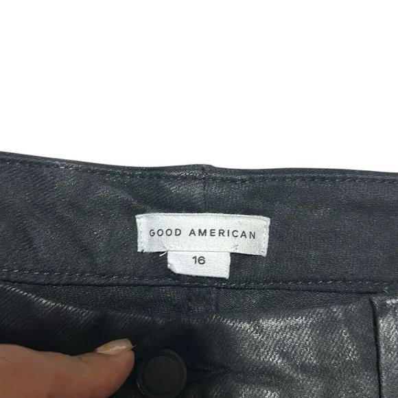 Good American Wax Coated Black Straight Leg Jeans High Waisted Size 16