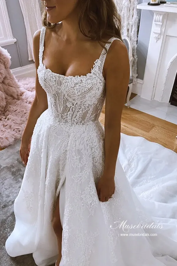 Gorgeous Ball Gown Square Neck Lace Appliques Wedding Dresses, MW1066