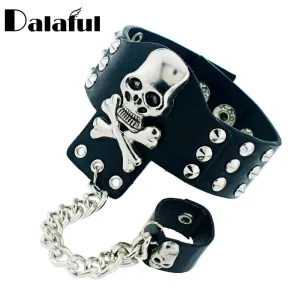 Gothic Skeleton Skull Chain Link Rock Rivet  Cuff