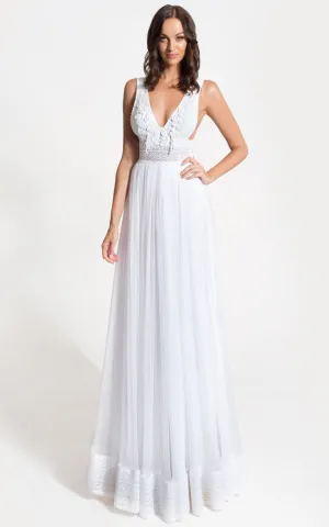 Grecian A-Line V-neck Lace Tulle Wedding Dress With Open Back And Appliques-716604
