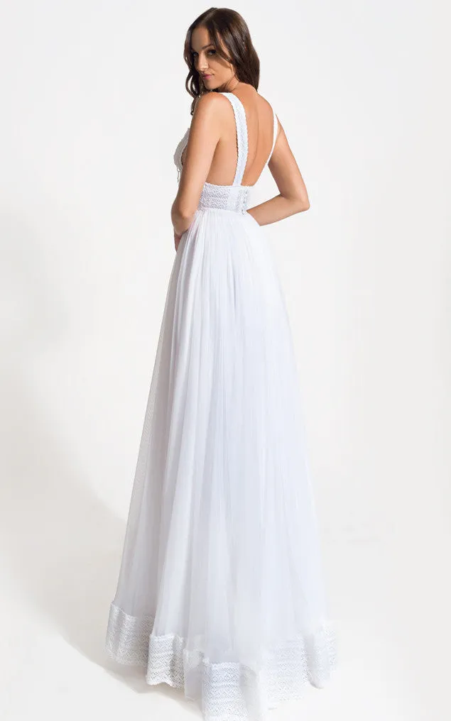 Grecian A-Line V-neck Lace Tulle Wedding Dress With Open Back And Appliques-716604