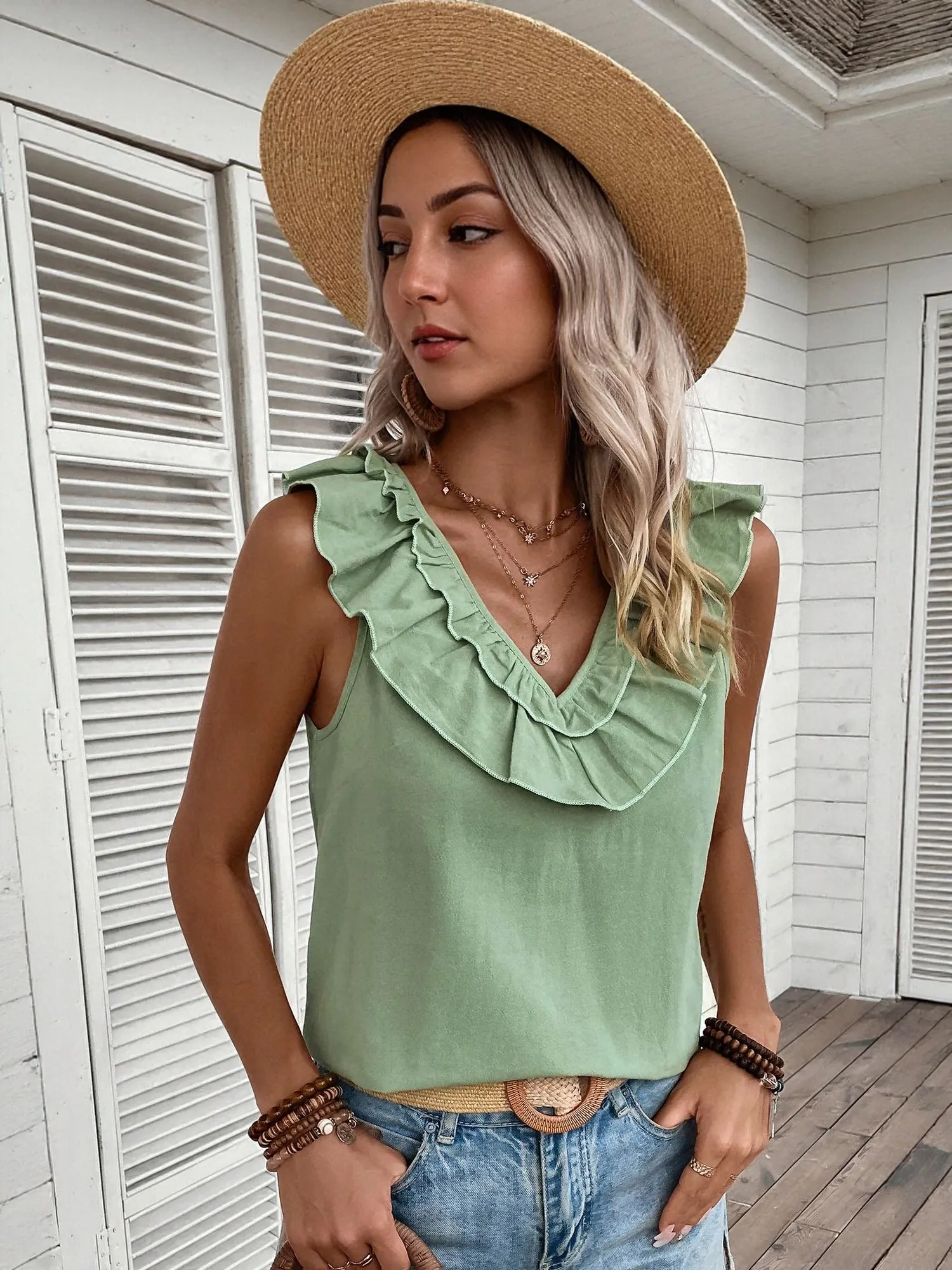 Green Sleeveless Top With Ruffle Neck Detail