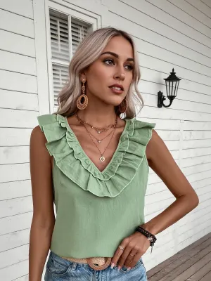 Green Sleeveless Top With Ruffle Neck Detail