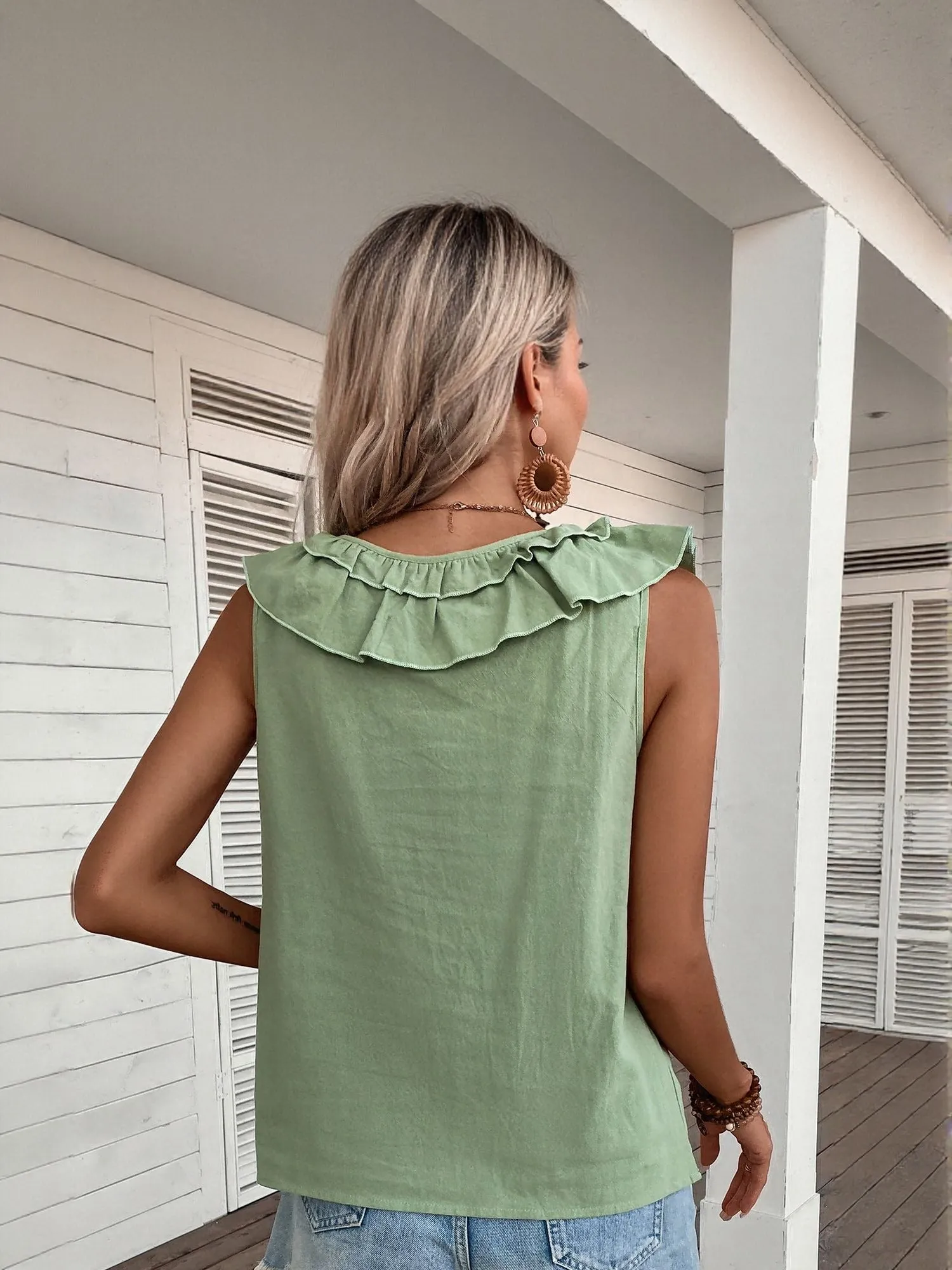 Green Sleeveless Top With Ruffle Neck Detail