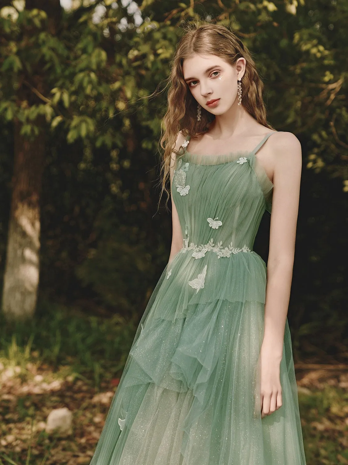 Green tulle lace long prom dress, green tulle formal dress