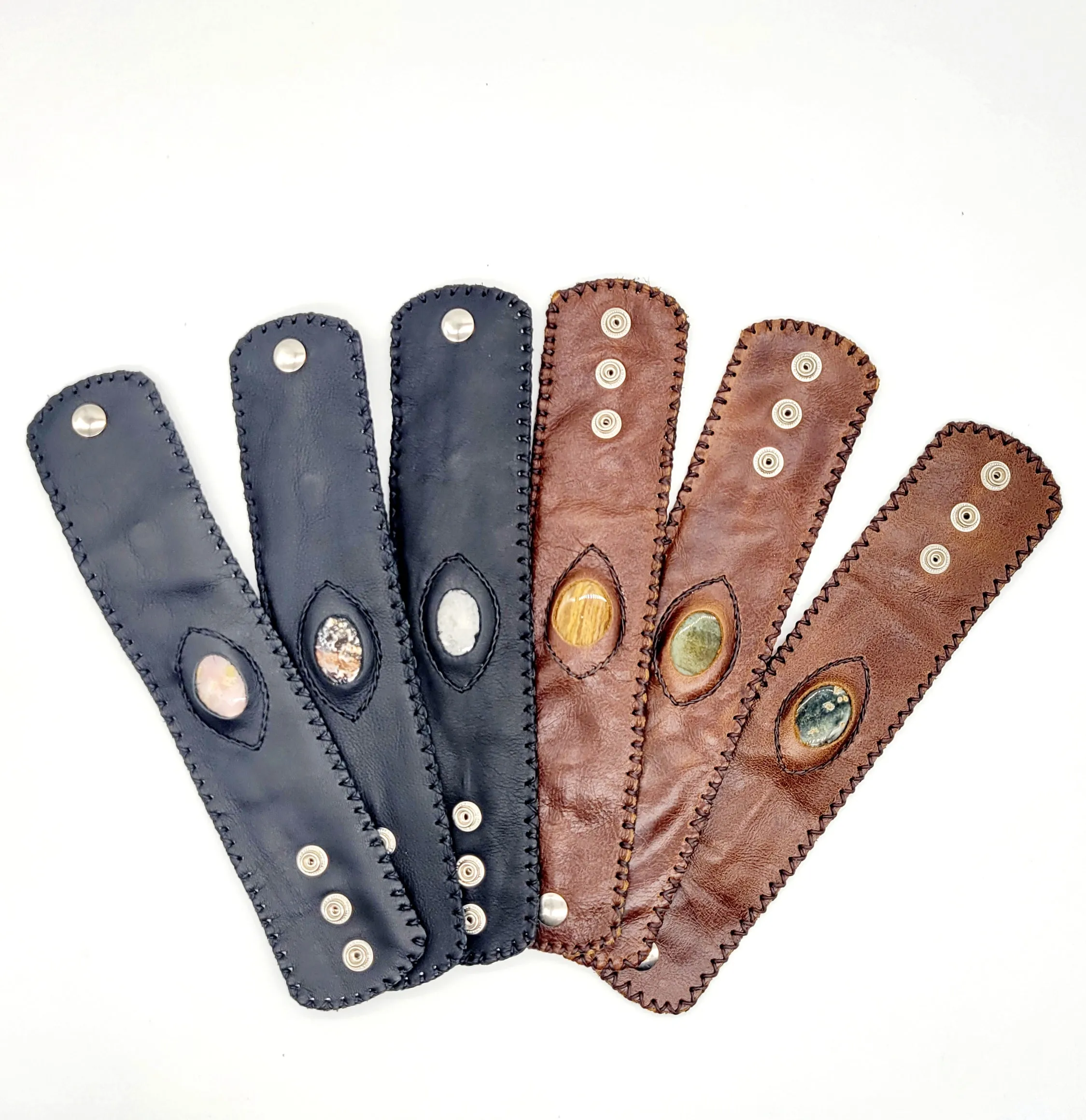 Handmade genuine leather wallet bracelets/ cuffs with gemstone (6 pack/ $ 17ea.)