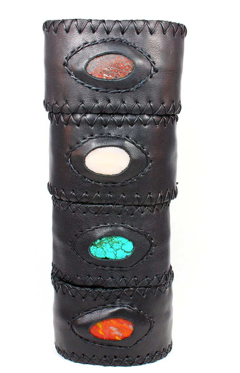 Handmade genuine leather wallet bracelets/ cuffs with gemstone (6 pack/ $ 17ea.)