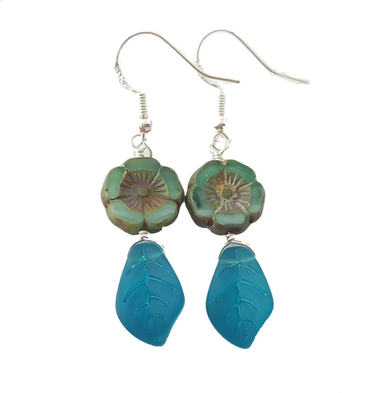 Handmade in Hawaii, Bohemian glass Hawaiian Flower bead with sea glass carved leaf, beautiful earrings with matching necklace in my store