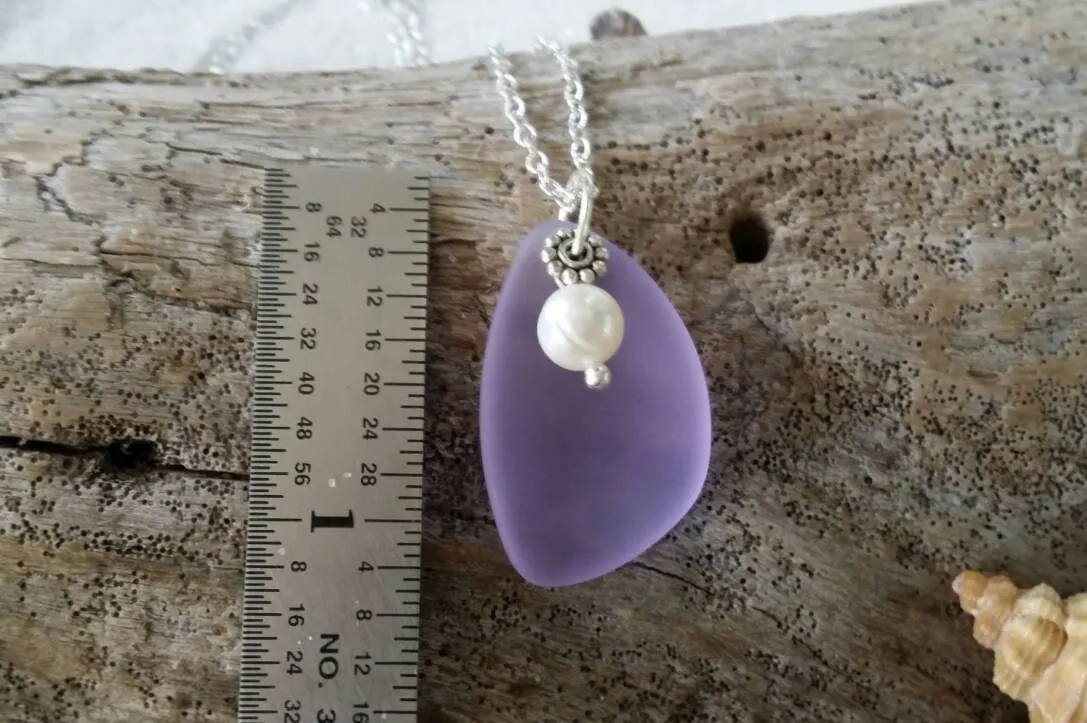 Handmade in Hawaii, Purple sea glass necklace, Fresh water pearl ,  gift box, Gift for her.