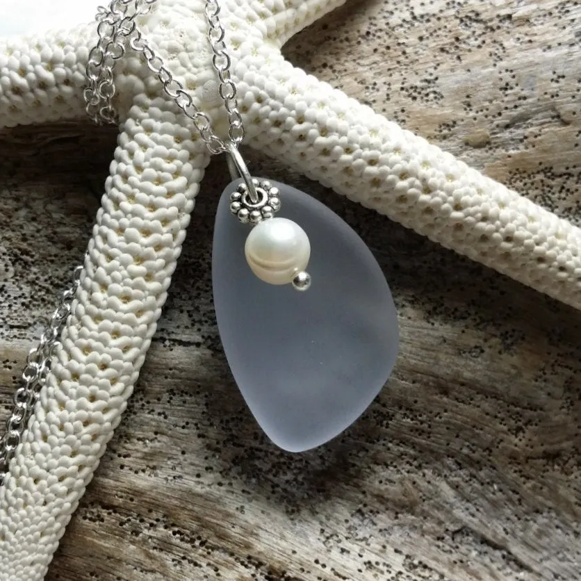 Handmade in Hawaii, Purple sea glass necklace, Fresh water pearl ,  gift box, Gift for her.