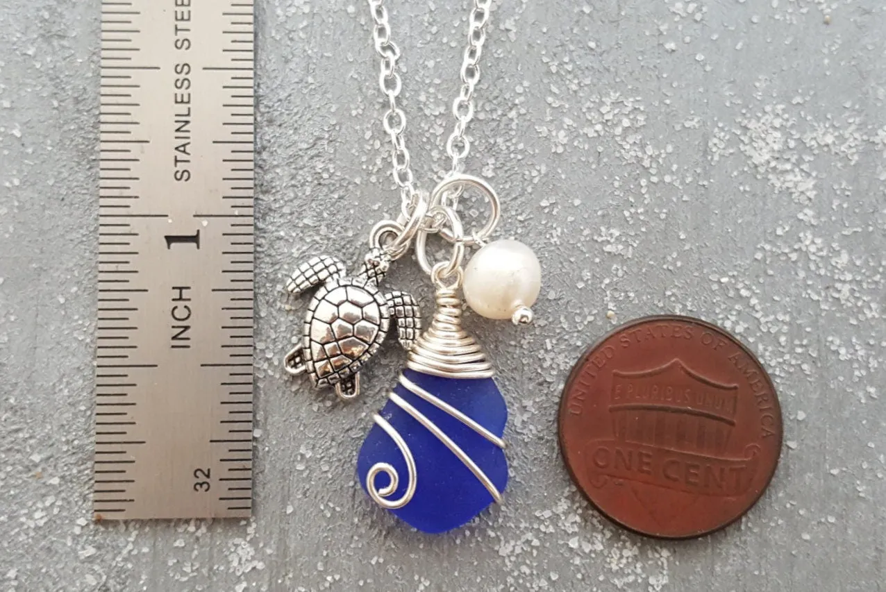 Handmade in Hawaii, Wire wrapped Genuine surf tumbled natural sea glass. Sea turtle charm, Fresh water pearl, Sea glass jewelry