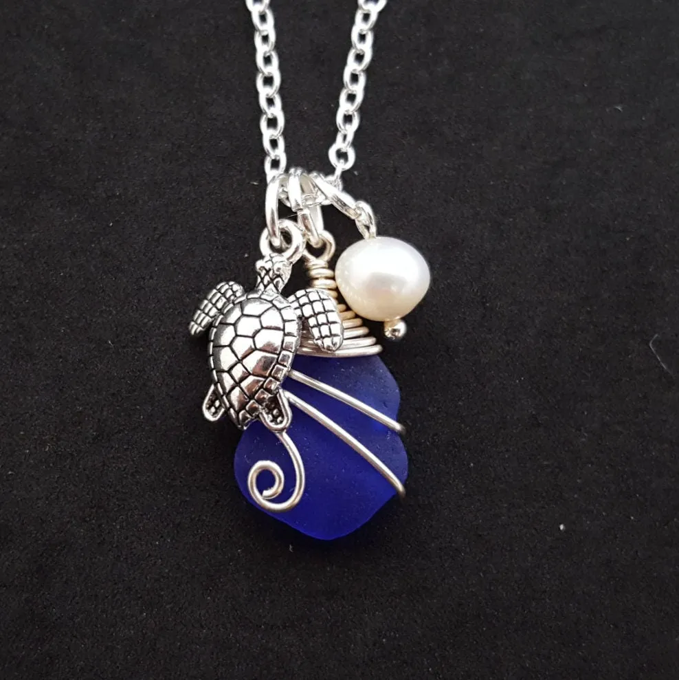 Handmade in Hawaii, Wire wrapped Genuine surf tumbled natural sea glass. Sea turtle charm, Fresh water pearl, Sea glass jewelry