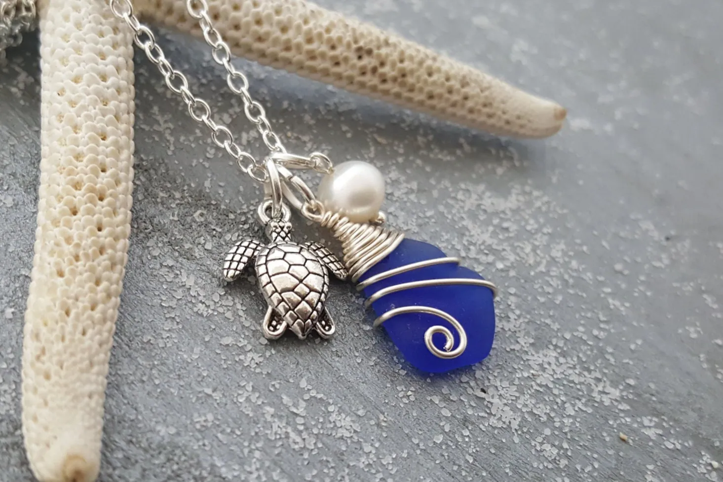 Handmade in Hawaii, Wire wrapped Genuine surf tumbled natural sea glass. Sea turtle charm, Fresh water pearl, Sea glass jewelry