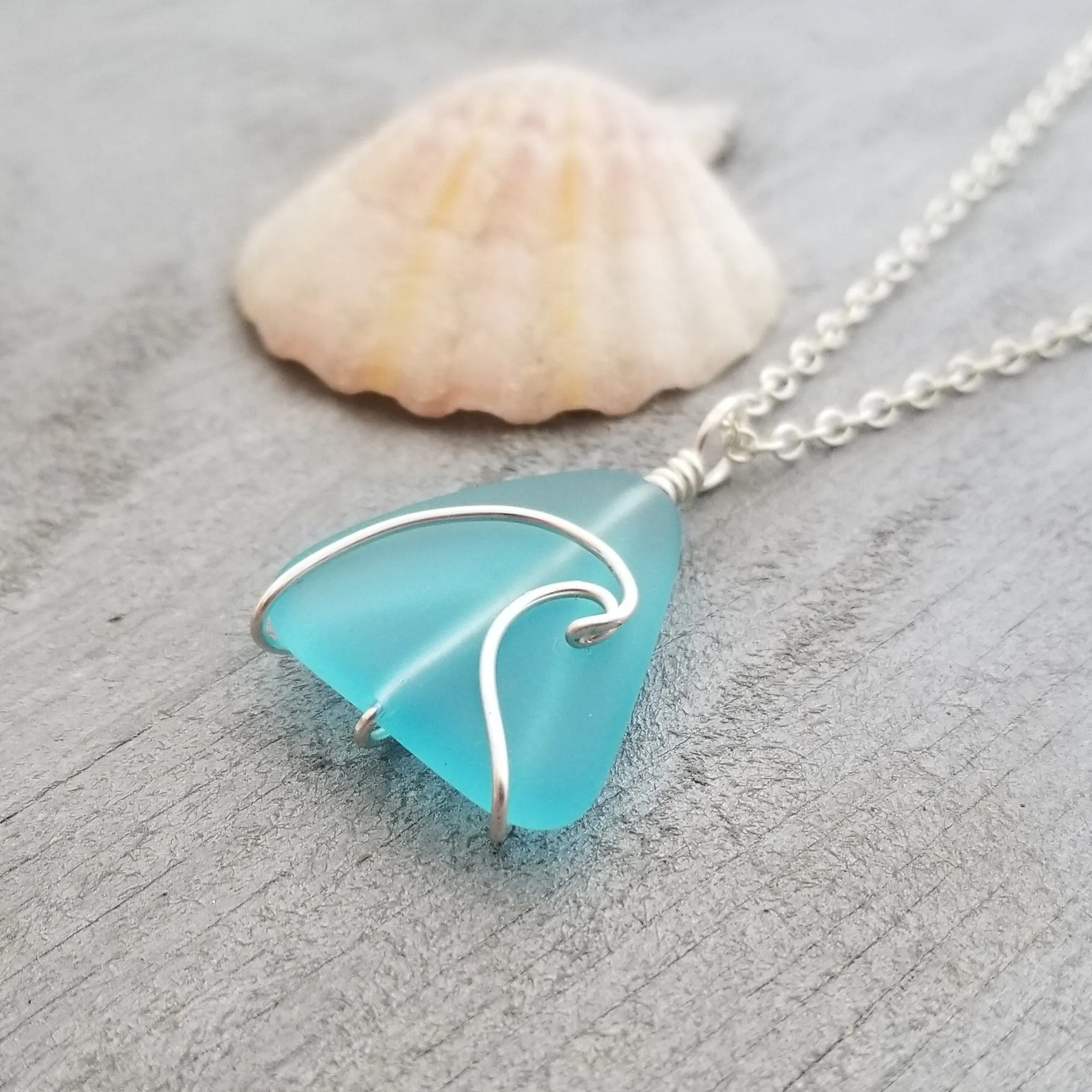 Handmade in Hawaii, wire wrapped ocean wave blue sea glass necklace, Sea glass jewelry, gift box