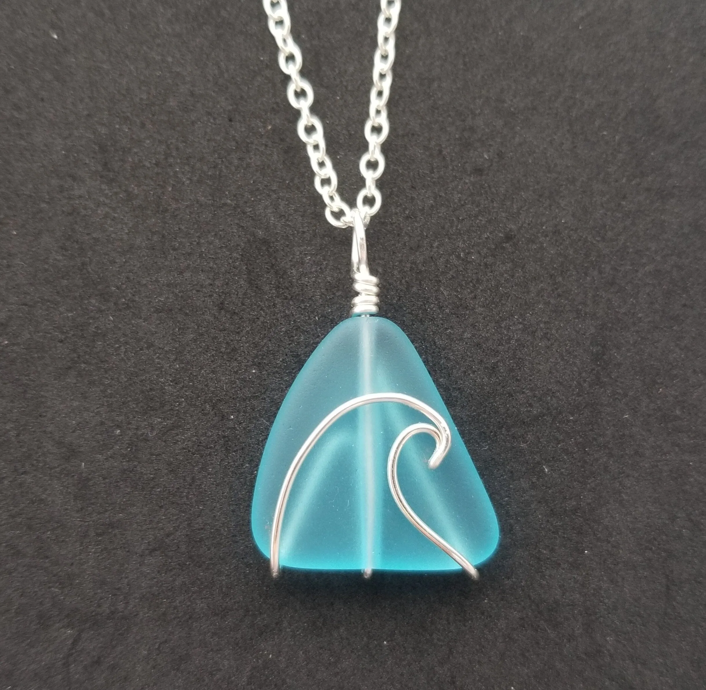 Handmade in Hawaii, wire wrapped ocean wave blue sea glass necklace, Sea glass jewelry, gift box