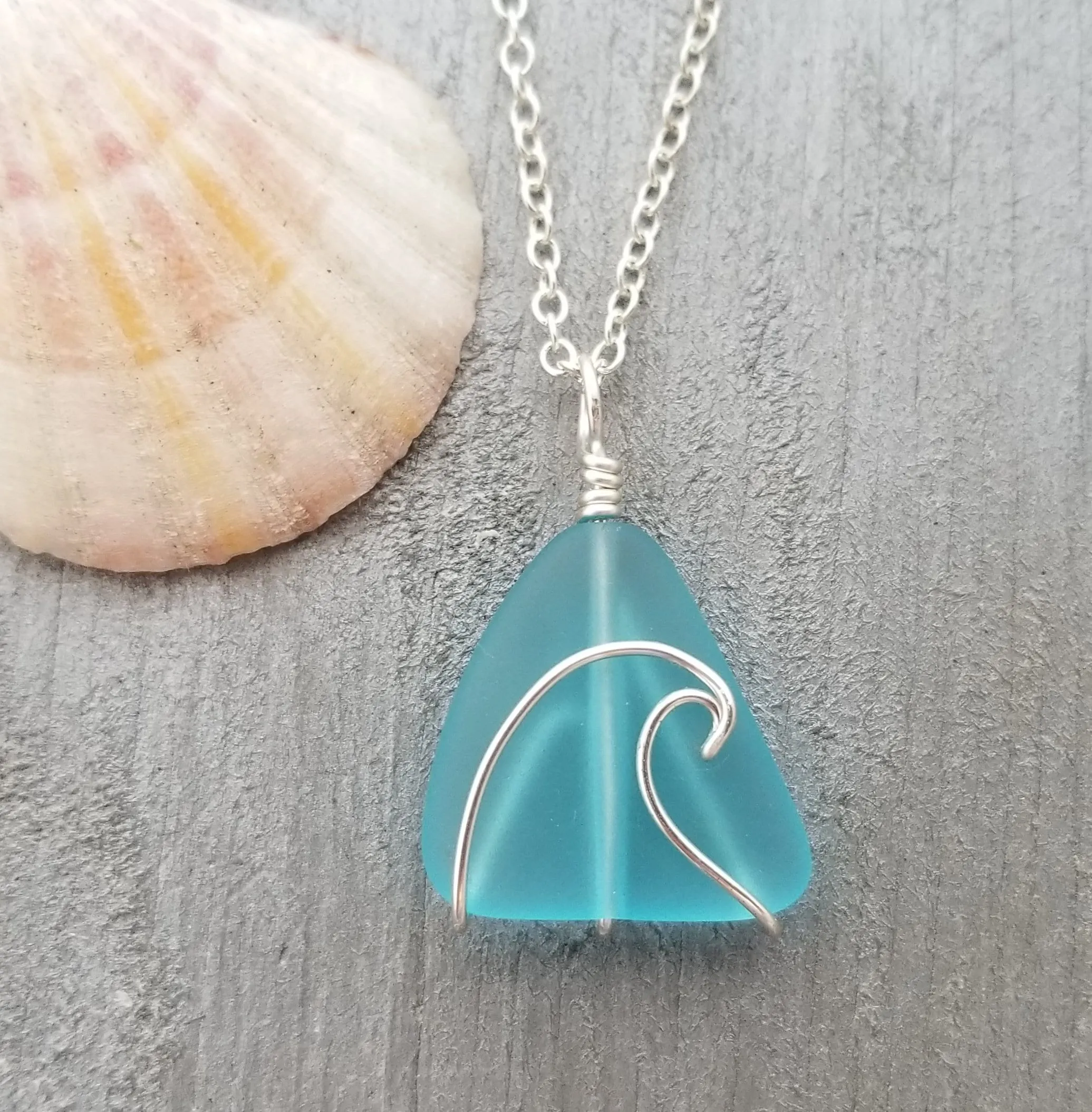 Handmade in Hawaii, wire wrapped ocean wave blue sea glass necklace, Sea glass jewelry, gift box