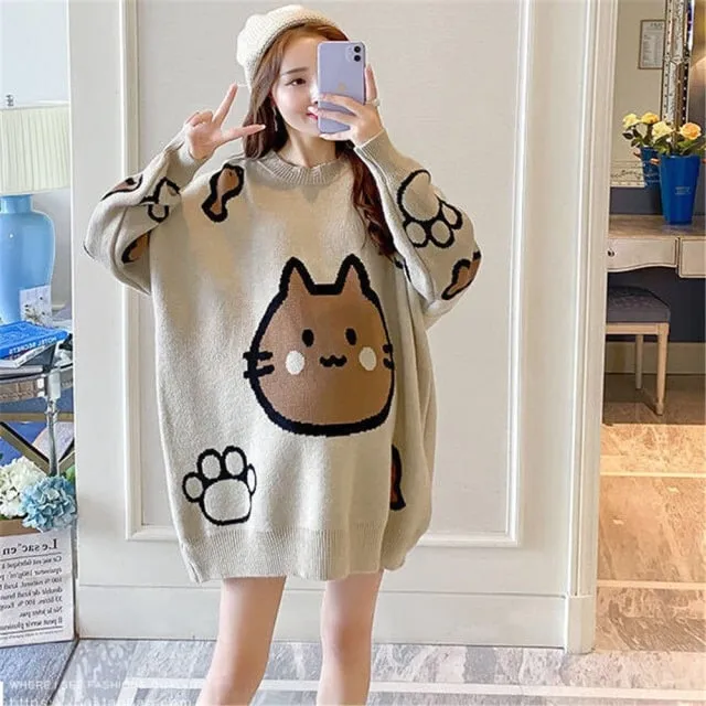 Harajuku Cartoon Cat Print Sweater