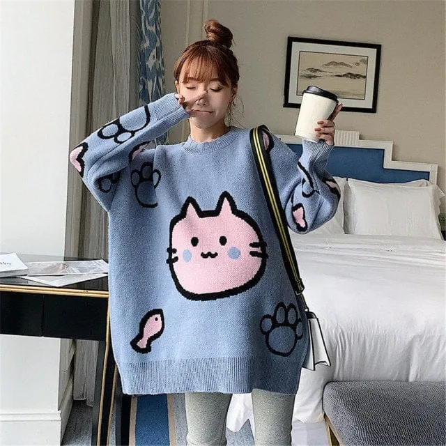 Harajuku Cartoon Cat Print Sweater