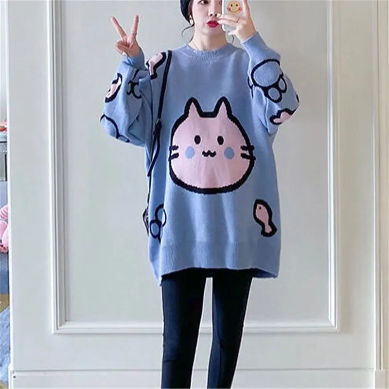 Harajuku Cartoon Cat Print Sweater